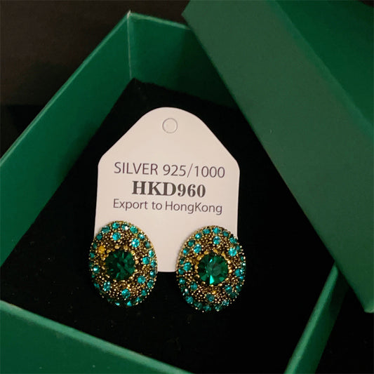 Bold Green Gemstone Vintage French-Style Geometric Colorful Earrings